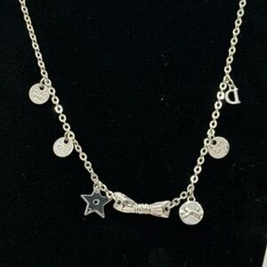 Vintage Christian Dior Beauty Charm Necklace Silver Tone Star Bow Y2K